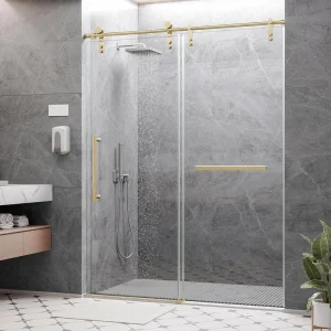 KULLAVIK 56-60 in.W x 76 in.H Sliding Frameless Glass Shower Door, with Handle and Seal Strip, Stylish and Modern, Golden