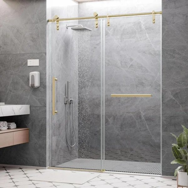 KULLAVIK 56-60 in.W x 76 in.H Sliding Frameless Glass Shower Door, with Handle and Seal Strip, Stylish and Modern, Golden