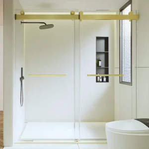 Lonni 68 – 72 in W x 76 in H Dual Sliding Frameless Soft-Close Shower Door in Brushed Gold with (10 mm) Clear Glass