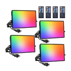 Lukyamzn 4-Piece 20-Watt LED RGB Color Changing Waterproof Flood Light with Remote and Dimmable Modes for Stage Lightings Parties