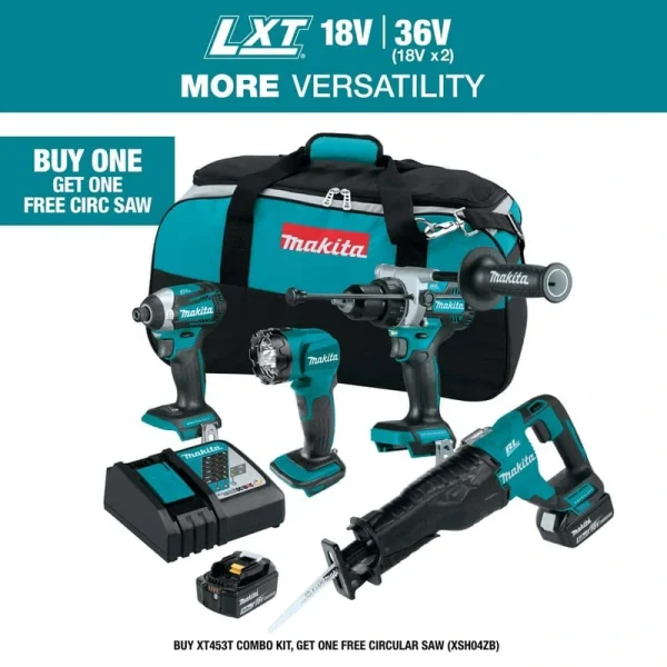 Makita 18V 5.0 Ah LXT Lithium-Ion Brushless Cordless Combo Kit (Hammer Drill/Impact Driver/Recipro Saw/Flashlight)