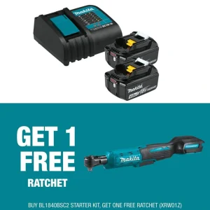 Makita 18V LXT Lithium-Ion Battery and Charger Starter Pack (4.0Ah) with bonus 18V LXT 3/8/1/4 in. Sq. Drive Ratchet