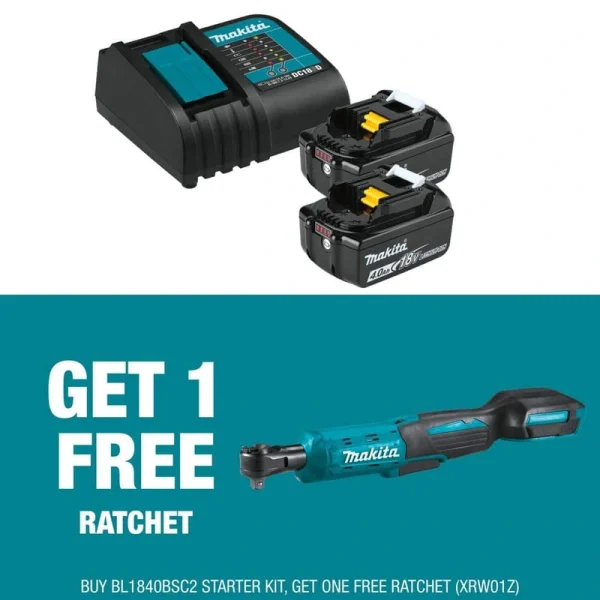 Makita 18V LXT Lithium-Ion Battery and Charger Starter Pack (4.0Ah) with bonus 18V LXT 3/8/1/4 in. Sq. Drive Ratchet