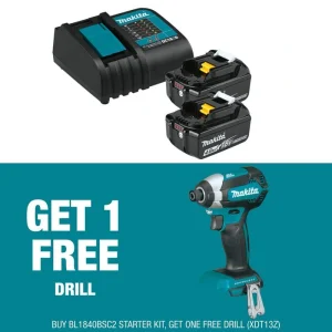 Makita 18V LXT Lithium-Ion Battery and Charger Starter Pack (4.0Ah) with bonus 18V LXT Lithium-Ion Brushless Impact Driver