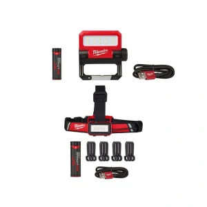 Milwaukee 550 Lumens LED REDLITHIUM USB Pivoting Flood Light & 600 Lumens LED USB Low-Profile Hard Hat Headlamp (2-Pack)