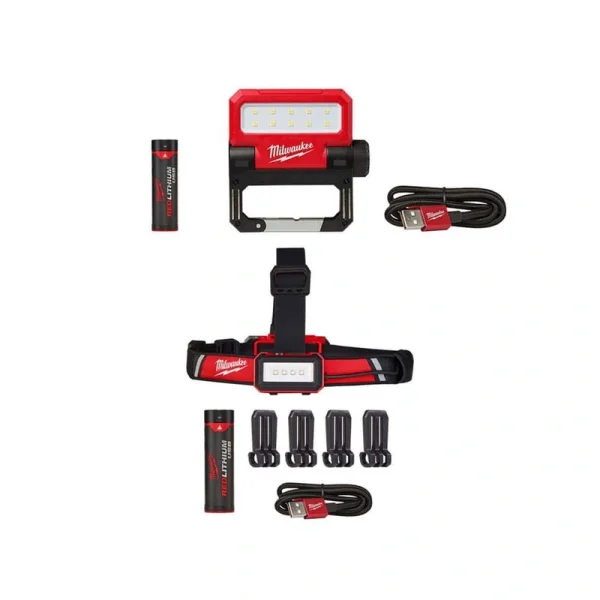 Milwaukee 550 Lumens LED REDLITHIUM USB Pivoting Flood Light & 600 Lumens LED USB Low-Profile Hard Hat Headlamp (2-Pack)