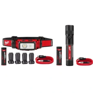 Milwaukee 600 Lumens LED REDLITHIUM Hard Hat Headlamp and 1100 Lumens LED USB Rechargeable Twist Focus Flashlight (2-Pack)