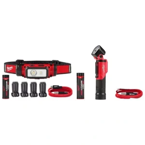 Milwaukee 600 Lumens LED REDLITHIUM Hard Hat Headlamp and 500 Lumens LED Pivoting REDLITHIUM USB Flashlight