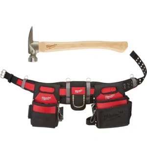 Milwaukee Adjustable Electricians Work Waist Tool Belt with 19 oz. Hickory Framing Hammer