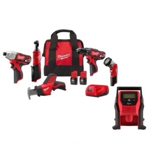 Milwaukee M12 12-Volt Lithium-Ion Cordless Combo Kit (5-Tool) w/12-Volt Lithium-Ion Cordless Compact Inflator