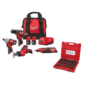Milwaukee M12 12V Li-Ion Cordless 4-Tool Combo Kit w (2) Compact 1.5Ah Batteries and Charger w 1/2 in. Metric Socket Set (29-Pc)
