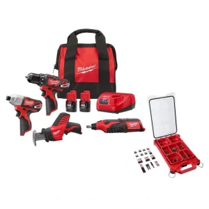 Milwaukee M12 12V Li-Ion Cordless 4-Tool Combo Kit w (2) Compact 1.5Ah Batteries, Charger & Bit Set with PACKOUT Case (100-Pc)