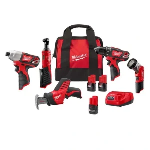 Milwaukee M12 12V Li-Ion Cordless Combo Kit (5-Tool) with (2) 1.5Ah Batteries, (1) High Output 2.5 Ah Battery Pack, Charger & Bag