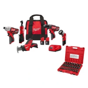 Milwaukee M12 12V Li-Ion Cordless Combo Kit (5-Tool) with Two 1.5Ah Batteries, Charger, Bag with 1/2 in. Metric Socket Set (29-Pc)