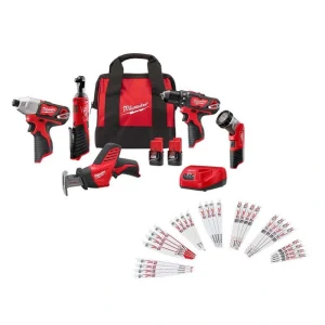 Milwaukee M12 12V Li-Ion Cordless Combo Kit (5-Tool) with Two 1.5Ah Batteries, Charger, Bag with Recip Saw Blade Set (32-Pc)