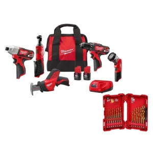 Milwaukee M12 12V Li-Ion Cordless Combo Kit (5-Tool) with Two 1.5Ah Batteries, Charger & Tool Bag with Twist Drill Bit Set (23-Pc)