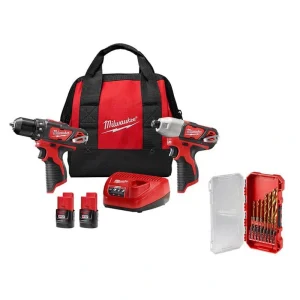 Milwaukee M12 12V Li-Ion Cordless Drill Driver/Impact Driver Combo Kit w Two 1.5Ah Batteries, Charger and Bag (2-Tool) & Bit Set T726936336