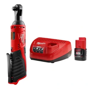 Milwaukee M12 12V Lithium-Ion 3/8 in. Cordless Ratchet (Tool-Only) with M12 2.0 Ah Starter Kit