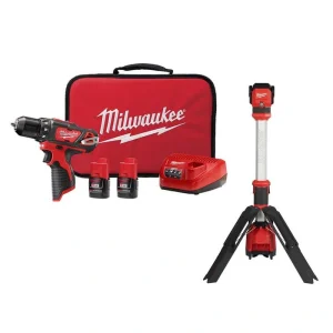 Milwaukee M12 12V Lithium-Ion Cordless 3/8 in. Drill/Driver Kit w/M12 1400 Lumen ROCKET LED Stand Work Light