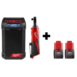 Milwaukee M12 12V Lithium-Ion Cordless 3/8 in. Ratchet and Bluetooth/AM/FM Jobsite Radio with 2 Batteries