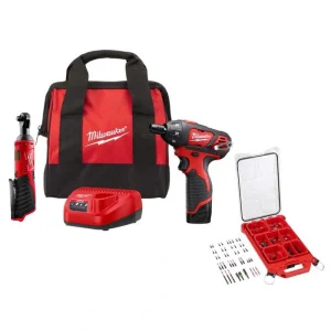 Milwaukee M12 12V Lithium-Ion Cordless 3/8 in. Ratchet & Screwdriver Combo Kit (2-Tool) w Battery, Charger, Bag, Bit Set & PACKOUT