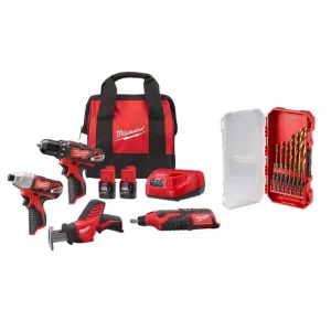 Milwaukee M12 12V Lithium-Ion Cordless 4-Tool Combo Kit with (2) Compact 1.5Ah Batteries and Charger & Titanium Bit Set