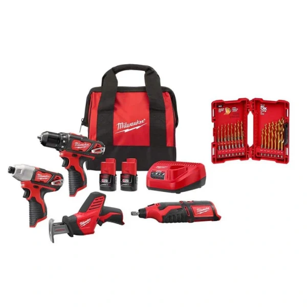 Milwaukee M12 12V Lithium-Ion Cordless 4-Tool Combo Kit with (2) Compact 1.5Ah Batteries and Charger w SHOCKWAVE Bit Set (23-Pc)