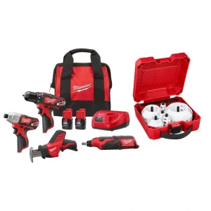 Milwaukee M12 12V Lithium-Ion Cordless 4-Tool Combo Kit with (2) Compact 1.5Ah Batteries and Charger with Hole Saw Set (28-Pc)