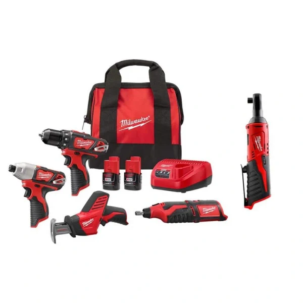 Milwaukee M12 12V Lithium-Ion Cordless 4-Tool Combo Kit with (2) Compact 1.5Ah Batteries, Charger and M12 3/8 in. Ratchet