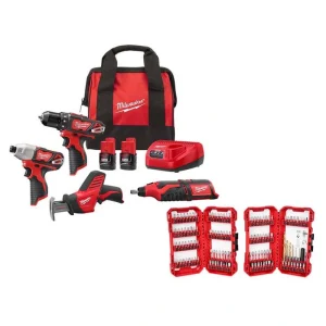 Milwaukee M12 12V Lithium-Ion Cordless 4-Tool Combo Kit with (2) Compact 1.5Ah Batteries, Charger & SHOCKWAVE Bit Set (120-Piece)