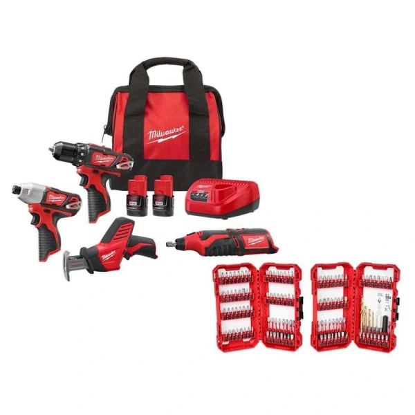 Milwaukee M12 12V Lithium-Ion Cordless 4-Tool Combo Kit with (2) Compact 1.5Ah Batteries, Charger & SHOCKWAVE Bit Set (120-Piece)