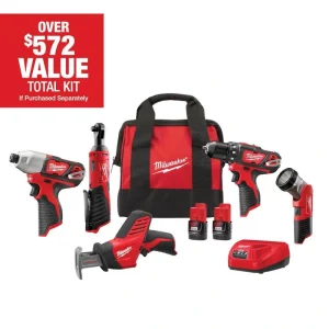 Milwaukee M12 12V Lithium-Ion Cordless Combo Kit (5-Tool) with Two 1.5Ah Batteries, Charger & Tool Bag