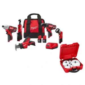 Milwaukee M12 12V Lithium-Ion Cordless Combo Kit (5-Tool) with Two 1.5Ah Batteries, Charger, Tool Bag with Hole Saw Set (28-Piece)