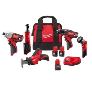Milwaukee M12 12V Lithium-Ion Cordless Combo Kit (5-Tool) with Two 1.5Ah Batteries One 2.0 Ah CP Battery, Charger & Tool Bag