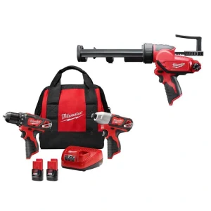 Milwaukee M12 12V Lithium-Ion Cordless Drill Driver/Impact Driver Combo Kit w/Two 1.5Ah Batteries and 10 oz. Adhesive & Caulk Gun