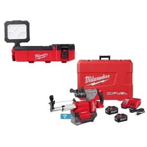 Milwaukee M12 12V Lithium-Ion Cordless PACKOUT Flood Light W/USB and M18 FUEL 1-1/8 in. SDS -Plus Rotary Hammer/Dust Extractor Kit