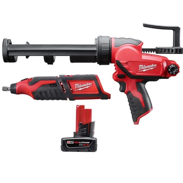 Milwaukee M12 12V Lithium-Ion Cordless Rotary Tool with M12 10 oz. Caulk and Adhesive Gun and 6.0 Ah XC Battery Pack