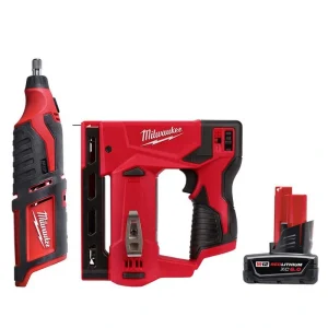 Milwaukee M12 12V Lithium-Ion Cordless Rotary Tool with M12 3/8 in. Crown Stapler and 6.0 Ah XC Battery Pack