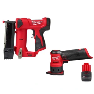 Milwaukee M12 23GA Pin Nailer with M12 FUEL Orbital Detail and M12 High Output CP2.5AH Battery