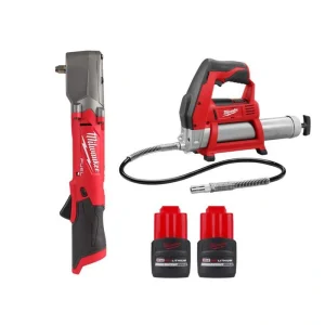 Milwaukee M12 FUEL 12-Volt Cordless 3/8 in. Right Angle Impact Wrench w/M12 Cordless Grease Gun & (2) M12 HO 2.5 Ah Battery Packs