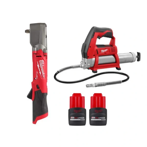 Milwaukee M12 FUEL 12-Volt Cordless 3/8 in. Right Angle Impact Wrench w/M12 Cordless Grease Gun & (2) M12 HO 2.5 Ah Battery Packs