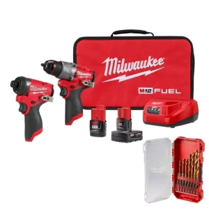 Milwaukee M12 FUEL 12-Volt Cordless Hammer Drill/Impact Driver Combo Kit (2-Tool) W/ Impact Duty Titanium Drill Bit Set (15-Piece)