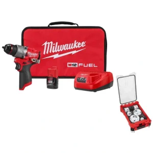 Milwaukee M12 FUEL 12-Volt Li-Ion Brushless Cordless 1/2 in. Hammer Drill w 2.0Ah Battery, Charger & PACKOUT Hole Saw Set (10-Pc)