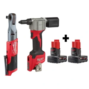 Milwaukee M12 FUEL 12-Volt Lithium-Ion Brushless Cordless 1/2 in. Ratchet and Rivet Tool with Two 3.0 Ah Batteries