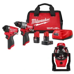 Milwaukee M12 FUEL 12-Volt Lithium-Ion Brushless Cordless Hammer Drill, Impact Driver, & M12 Fan Combo Kit w/2 Batteries & Bag