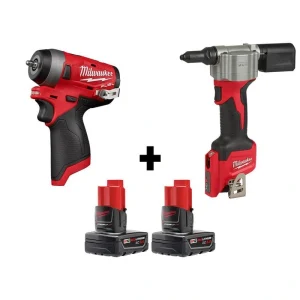 Milwaukee M12 FUEL 12-Volt Lithium-Ion Brushless Cordless Stubby 1/4 in. Impact Wrench and Rivet Tool with Two 3.0 Ah Batteries