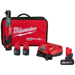 Milwaukee M12 FUEL 12V Li-Ion Brushless 3/8 in. Cordless Ratchet Kit with (2) 2.0Ah Batteries, Charger & Tool Bag & 5.0 Ah Battery