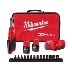 Milwaukee M12 FUEL 12V Li-Ion Brushless High Speed 1/4 in. Cordless Ratchet Kit w/(2) Batteries, Charger, Bag & Metric Socket Set
