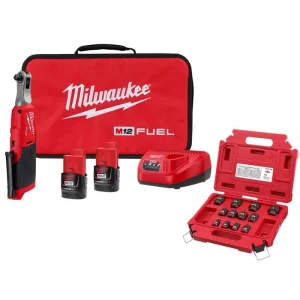 Milwaukee M12 FUEL 12V Li-Ion Brushless High Speed 3/8 in. Cordless Ratchet Kit w/(2) Batteries, Charger, Bat, & SAE Socket Set