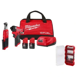 Milwaukee M12 FUEL 12V Li-Ion Cordless 3/8 in. Ratchet & 1/4 in. Impact Driver Combo Kit (2-Tool) w/Batteries, Charger & Bit Set